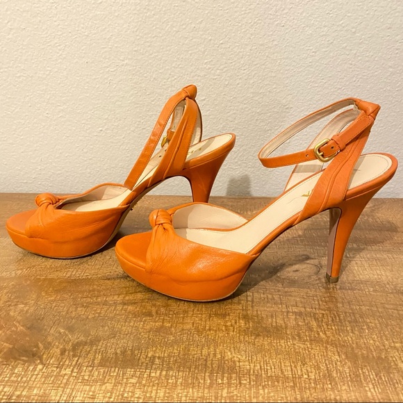 PRADA Orange Leather Knotted Peep Toe Heels Sz 38 - Picture 2 of 12